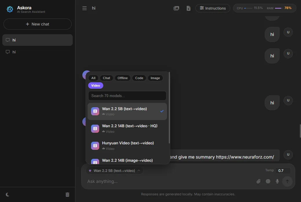 The model picker filtered to video models