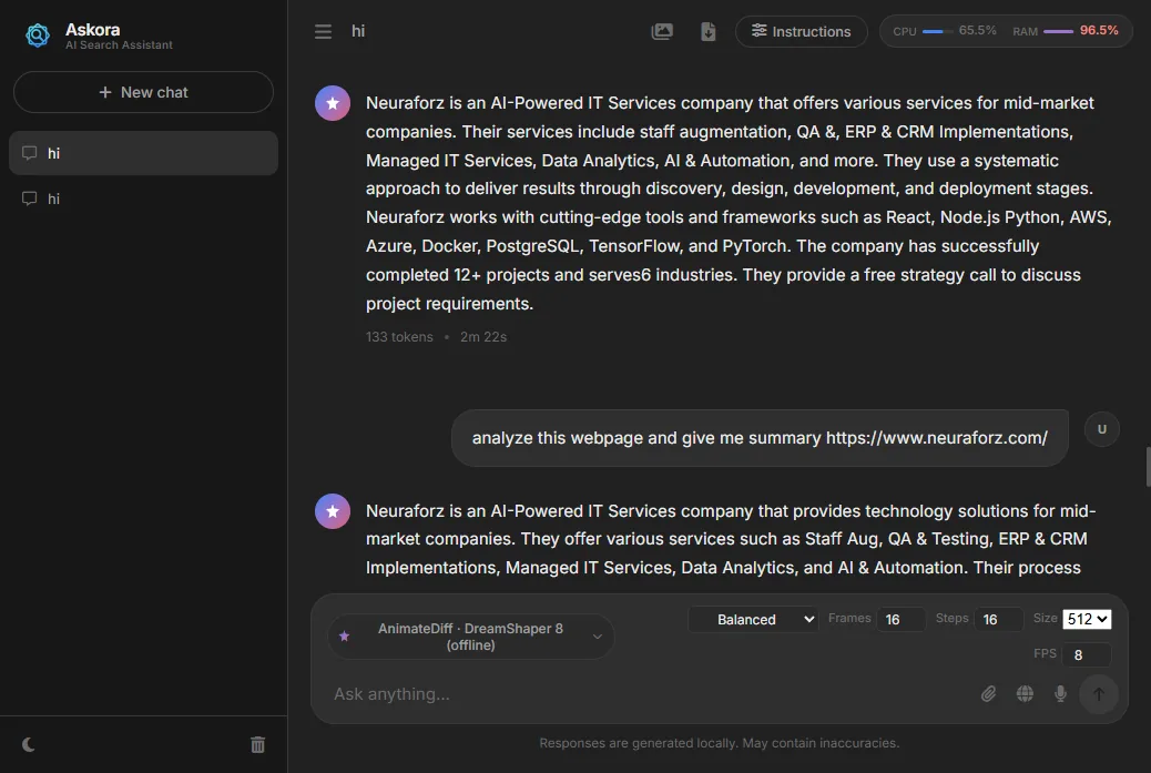 Video settings next to a chat that summarised a web page